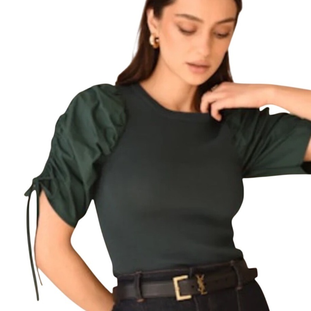 Greylin Womens Blouse S Forest Green Puff Sleeve Mixed Media Romantic‎ Coquette